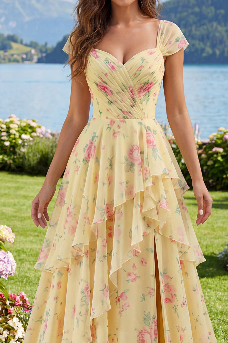 Load image into Gallery viewer, Cap Sleeves A Line Floral Butter Yellow Ruffled Prom Dress with Slit
