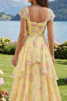 Load image into Gallery viewer, Cap Sleeves A Line Floral Butter Yellow Ruffled Prom Dress with Slit