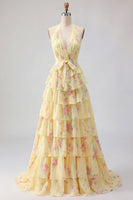 Load image into Gallery viewer, Floral Halter A Line Butter Yellow Prom Dress with Ruffles