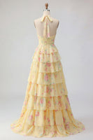 Load image into Gallery viewer, Floral Halter A Line Butter Yellow Prom Dress with Ruffles