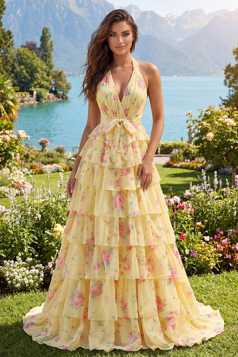 Load image into Gallery viewer, Floral Halter A Line Butter Yellow Prom Dress with Ruffles