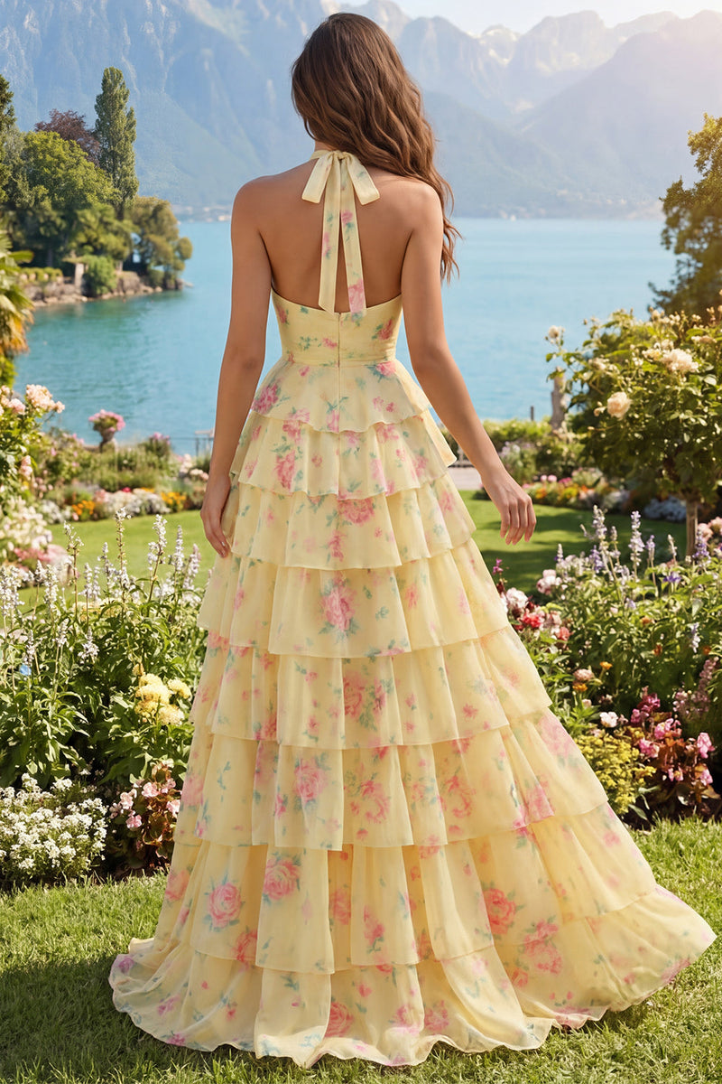 Load image into Gallery viewer, Floral Halter A Line Butter Yellow Prom Dress with Ruffles