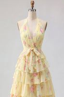 Load image into Gallery viewer, Floral Halter A Line Butter Yellow Prom Dress with Ruffles