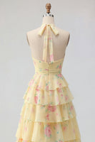 Load image into Gallery viewer, Floral Halter A Line Butter Yellow Prom Dress with Ruffles