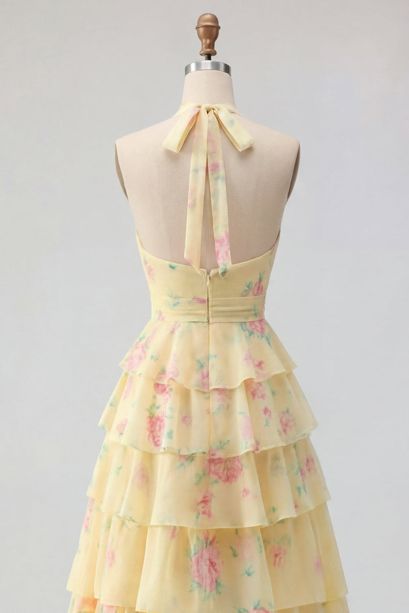Load image into Gallery viewer, Floral Halter A Line Butter Yellow Prom Dress with Ruffles
