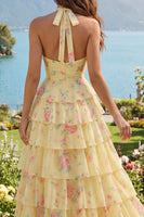 Load image into Gallery viewer, Floral Halter A Line Butter Yellow Prom Dress with Ruffles
