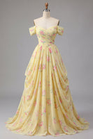 Load image into Gallery viewer, Ruched Off the Shoulder A Line Floral Butter Yellow Prom Dress