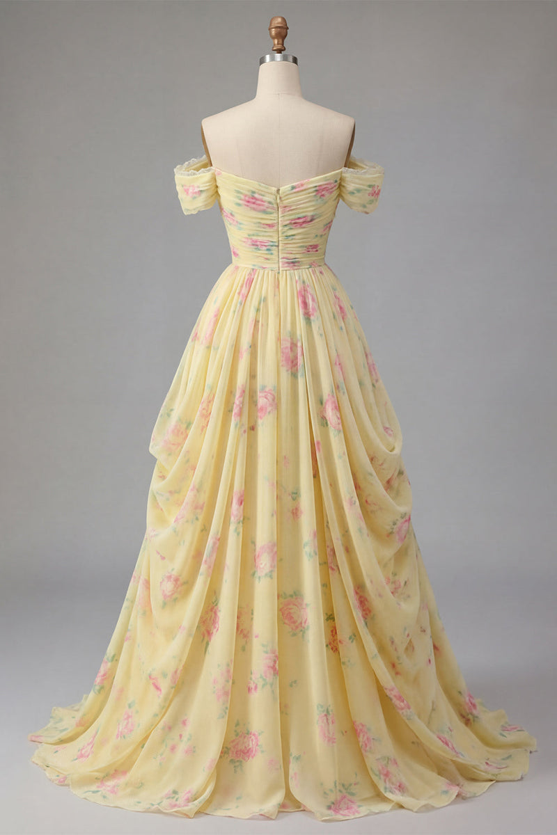 Load image into Gallery viewer, Ruched Off the Shoulder A Line Floral Butter Yellow Prom Dress