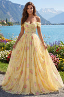 Load image into Gallery viewer, Ruched Off the Shoulder A Line Floral Butter Yellow Prom Dress