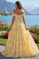 Load image into Gallery viewer, Ruched Off the Shoulder A Line Floral Butter Yellow Prom Dress