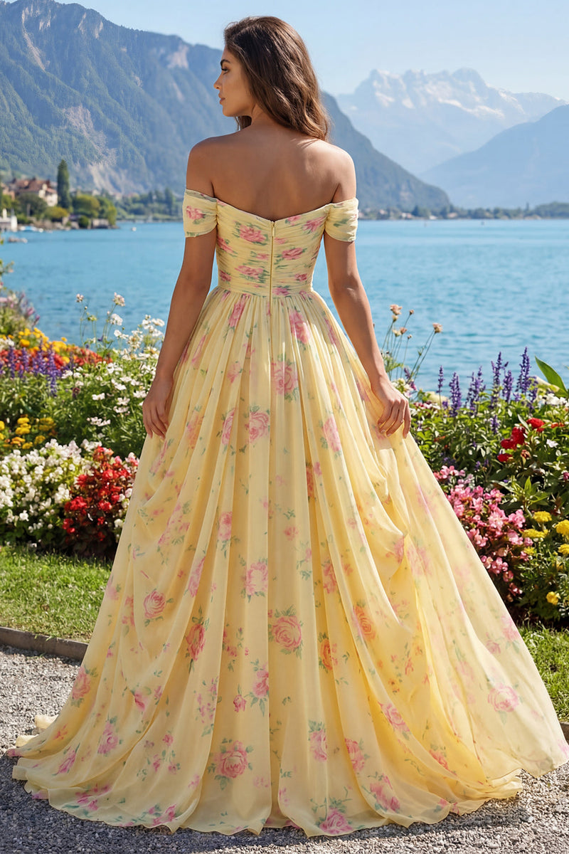 Load image into Gallery viewer, Ruched Off the Shoulder A Line Floral Butter Yellow Prom Dress