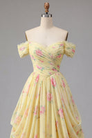 Load image into Gallery viewer, Ruched Off the Shoulder A Line Floral Butter Yellow Prom Dress