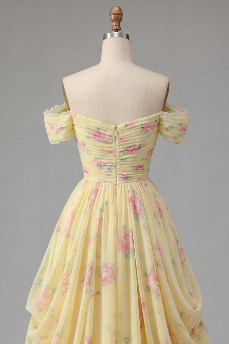 Load image into Gallery viewer, Ruched Off the Shoulder A Line Floral Butter Yellow Prom Dress