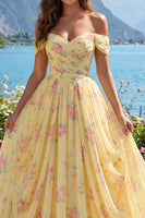 Load image into Gallery viewer, Ruched Off the Shoulder A Line Floral Butter Yellow Prom Dress