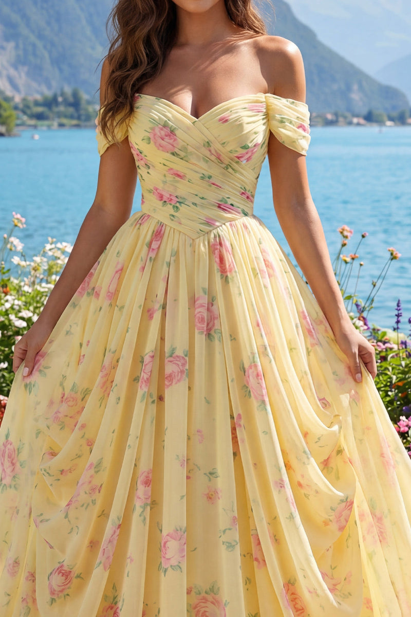 Load image into Gallery viewer, Ruched Off the Shoulder A Line Floral Butter Yellow Prom Dress