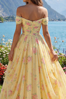 Load image into Gallery viewer, Ruched Off the Shoulder A Line Floral Butter Yellow Prom Dress