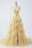 Load image into Gallery viewer, Spaghetti Straps A Line Butter Yellow Floral Corset Prom Dress with Ruffles