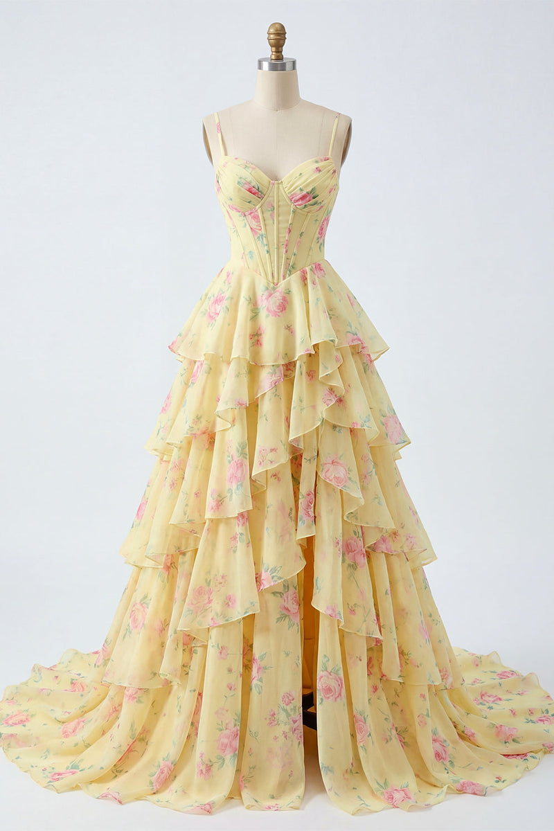 Load image into Gallery viewer, Spaghetti Straps A Line Butter Yellow Floral Corset Prom Dress with Ruffles