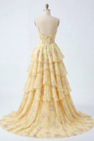 Load image into Gallery viewer, Spaghetti Straps A Line Butter Yellow Floral Corset Prom Dress with Ruffles