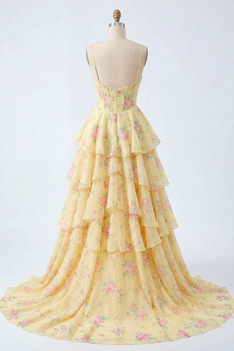 Load image into Gallery viewer, Spaghetti Straps A Line Butter Yellow Floral Corset Prom Dress with Ruffles