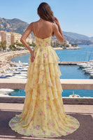 Load image into Gallery viewer, Spaghetti Straps A Line Butter Yellow Floral Corset Prom Dress with Ruffles