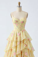 Load image into Gallery viewer, Spaghetti Straps A Line Butter Yellow Floral Corset Prom Dress with Ruffles