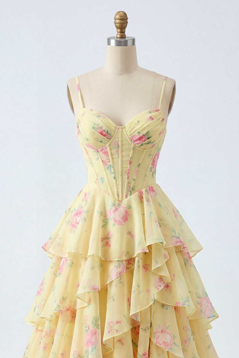 Load image into Gallery viewer, Spaghetti Straps A Line Butter Yellow Floral Corset Prom Dress with Ruffles