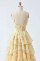 Load image into Gallery viewer, Spaghetti Straps A Line Butter Yellow Floral Corset Prom Dress with Ruffles