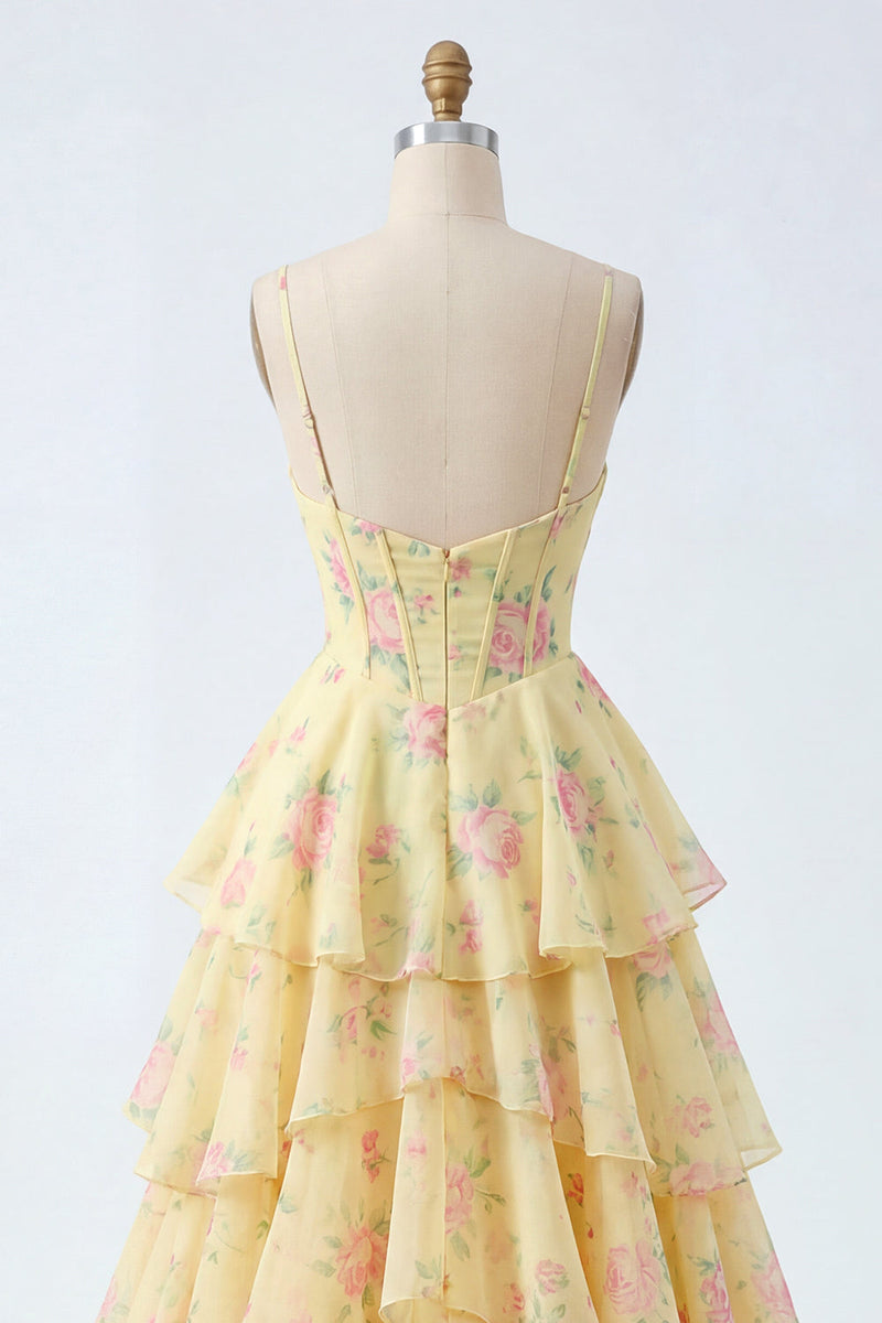 Load image into Gallery viewer, Spaghetti Straps A Line Butter Yellow Floral Corset Prom Dress with Ruffles