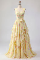Load image into Gallery viewer, Butter Yellow Floral Ruched V-Neck A Line Prom Dress with Ruffles