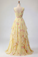Load image into Gallery viewer, Butter Yellow Floral Ruched V-Neck A Line Prom Dress with Ruffles