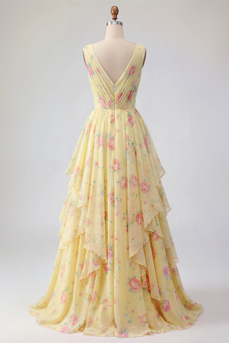 Load image into Gallery viewer, Butter Yellow Floral Ruched V-Neck A Line Prom Dress with Ruffles