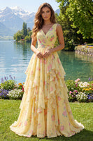 Load image into Gallery viewer, Butter Yellow Floral Ruched V-Neck A Line Prom Dress with Ruffles
