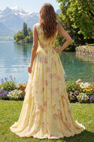 Load image into Gallery viewer, Butter Yellow Floral Ruched V-Neck A Line Prom Dress with Ruffles