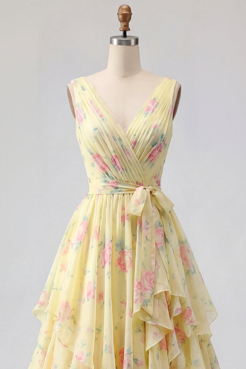 Load image into Gallery viewer, Butter Yellow Floral Ruched V-Neck A Line Prom Dress with Ruffles