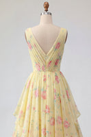 Load image into Gallery viewer, Butter Yellow Floral Ruched V-Neck A Line Prom Dress with Ruffles