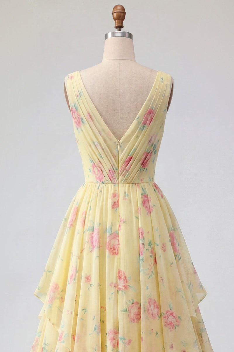 Load image into Gallery viewer, Butter Yellow Floral Ruched V-Neck A Line Prom Dress with Ruffles