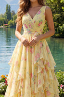 Load image into Gallery viewer, Butter Yellow Floral Ruched V-Neck A Line Prom Dress with Ruffles