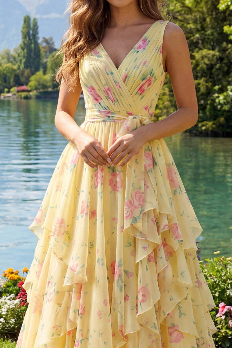 Load image into Gallery viewer, Butter Yellow Floral Ruched V-Neck A Line Prom Dress with Ruffles
