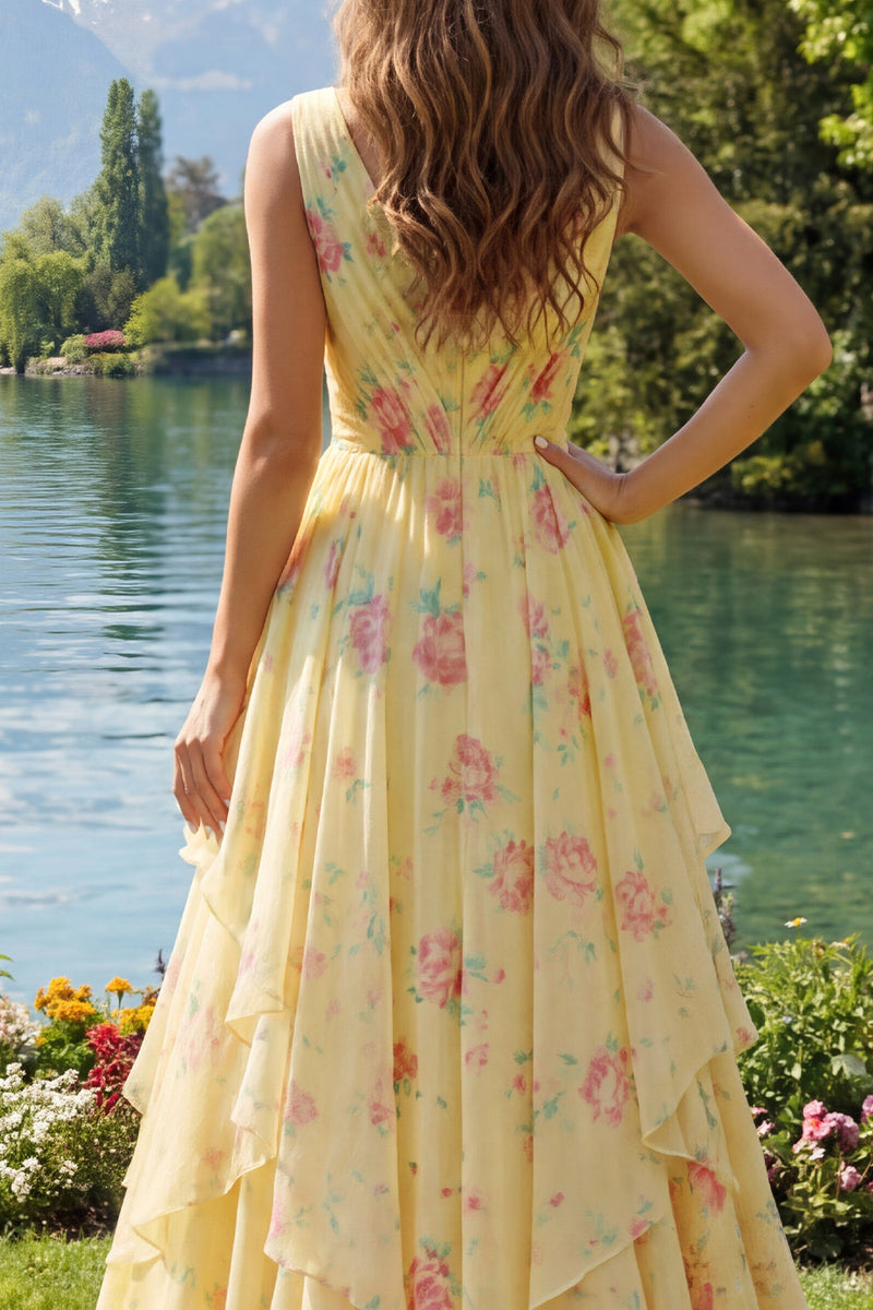 Load image into Gallery viewer, Butter Yellow Floral Ruched V-Neck A Line Prom Dress with Ruffles