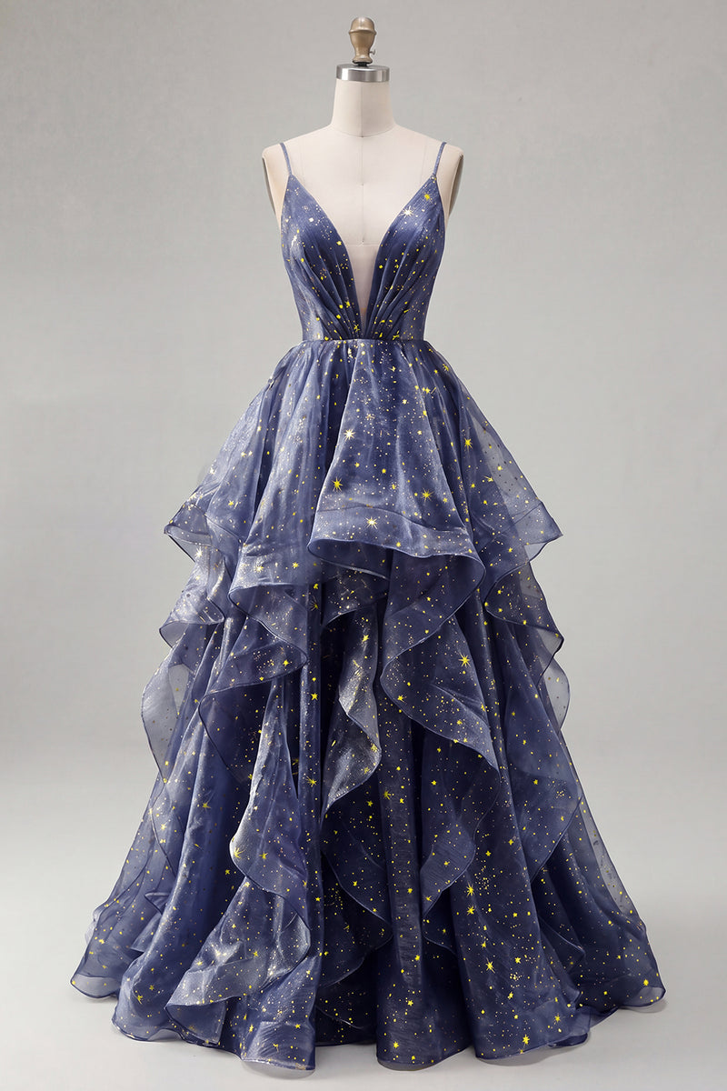 Load image into Gallery viewer, V-Neck Dusty Blue Long Glitter Ruched A Line Prom Dress with Ruffles