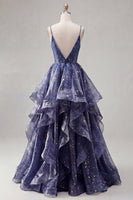 Load image into Gallery viewer, V-Neck Dusty Blue Long Glitter Ruched A Line Prom Dress with Ruffles