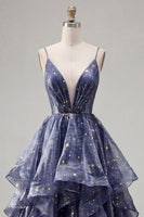 Load image into Gallery viewer, V-Neck Dusty Blue Long Glitter Ruched A Line Prom Dress with Ruffles