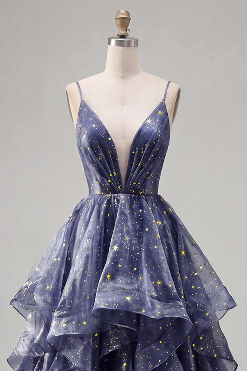 Load image into Gallery viewer, V-Neck Dusty Blue Long Glitter Ruched A Line Prom Dress with Ruffles