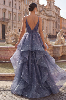 V-Neck Dusty Blue Long Glitter Ruched A Line Prom Dress with Ruffles