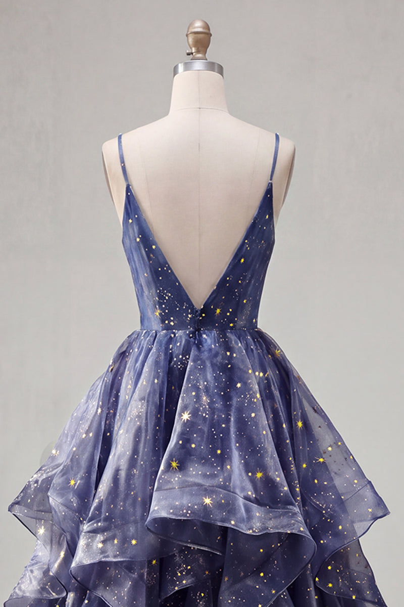 Load image into Gallery viewer, V-Neck Dusty Blue Long Glitter Ruched A Line Prom Dress with Ruffles