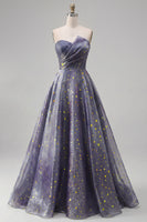 Load image into Gallery viewer, Dusty Blue Long Ruched Strapless A Line Glitter Prom Dress