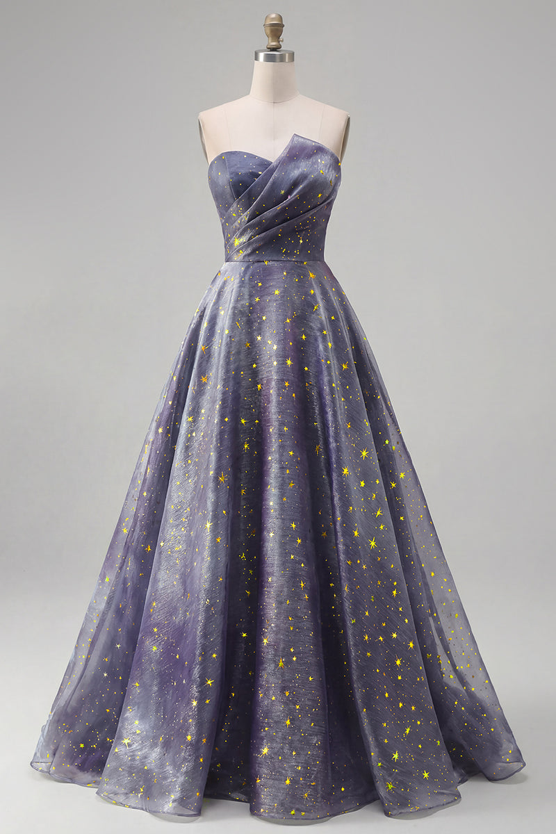 Load image into Gallery viewer, Dusty Blue Long Ruched Strapless A Line Glitter Prom Dress