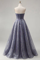 Load image into Gallery viewer, Dusty Blue Long Ruched Strapless A Line Glitter Prom Dress