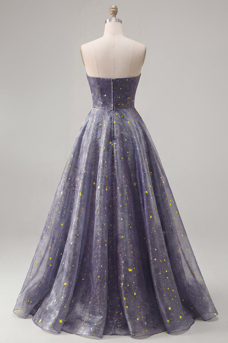 Load image into Gallery viewer, Dusty Blue Long Ruched Strapless A Line Glitter Prom Dress